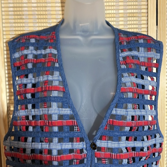 Koret City Blues Vintage 1990s Y2K Blue Denim Patchwork Open Holes Vest Large - Picture 6 of 15